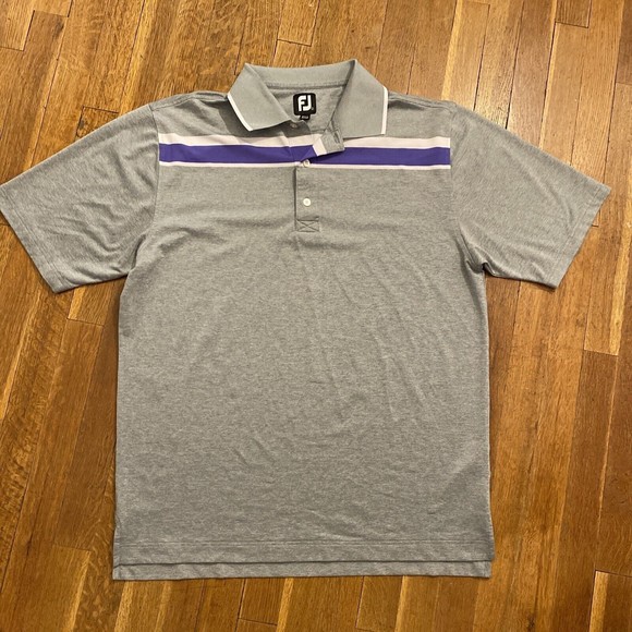 FootJoy Golf Polo Athletic Fit Mens Large Shirt Gray- Lavender White Stripe Logo - Picture 1 of 12